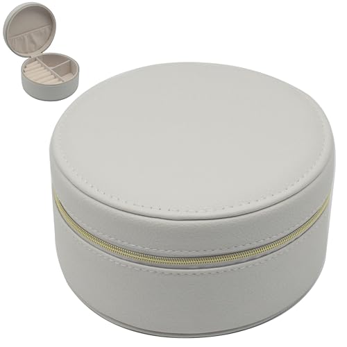Lesser & Pavey Round White Faux Leather Lockable Jewellery Box - Lockable Storage, Soft Interior, Travel Friendly, Organised Compartments, Elegant Gift