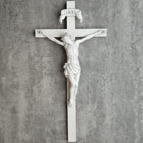 "BC Catholic Crucifix Wall Cross, 10"" H Jesus Christ Home Decor, Religious Gift, Wood Carved Look, Grey White Finish, Hand Painted by Buildclassic"