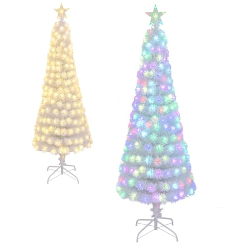 GYMAX 6FT Pre-lit Fiber Optic Christmas Tree, White Slim Pencil Xmas Tree with LED Lights, 7 Lighting Modes, 4-Level Speed, Timer, Remote Control, Xmas Decor for Home Office Party