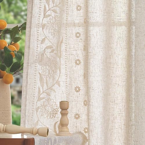 Lazzzy Boho Linen Blend Curtains for Living Room Bedroom 63 Inches Length Embroidered Floral Curtains Farmhouse Rod Pocket Drapes Light Filtering Window Treatments Ivory on Beige 2 Panels Set