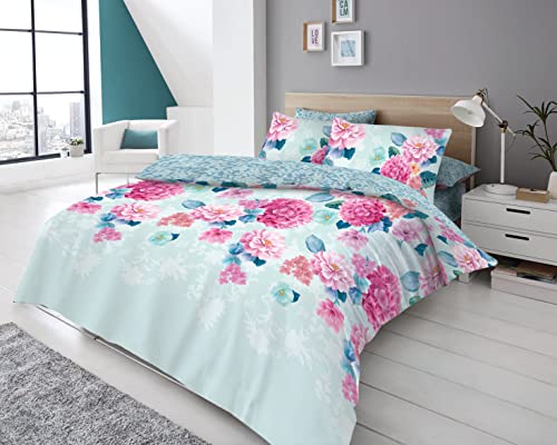 Super Dreamer 4 Pcs Complete Floral Bedding Set- Flower Printed Duvet Cover Double Size,Fitted Sheet with Pillowcases-Polycotton Reversible Bed Set