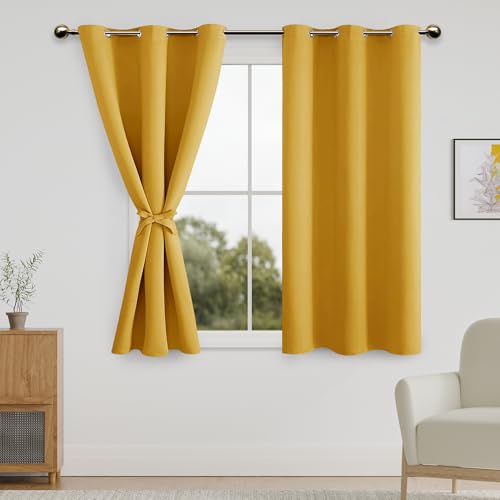 DWCN Blackout Curtains for Bedroom with Tiebacks - Room Darkening Privacy Grommet Top Window Curtains for Living Room, 42 x 54 inch Length, Mustard Yellow, Set of 2 Panels