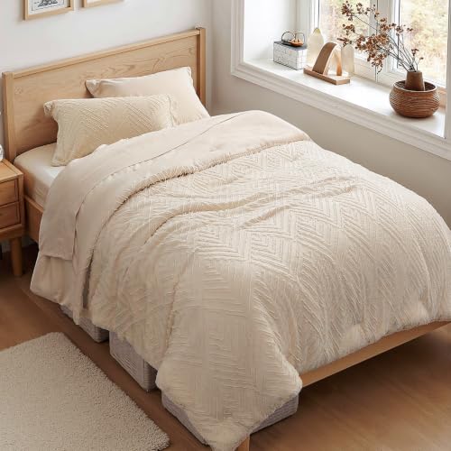 Zzlpp Twin Comforter Set 5 Piece, Beige Bed in a Bag Twin Size Bedding Sets - Boho Tufted, OEKO-TEX Certified, Luxury, Lightweight, All Season, Down Alternative Comforter, Breathable sheets & pillowcases