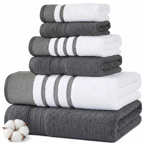 Modern Threads 6 Piece Set, 2 Bath Towels, 2 Hand Towels, 2 Washcloths, Quick Dry White/Contrast Reinhart Coal
