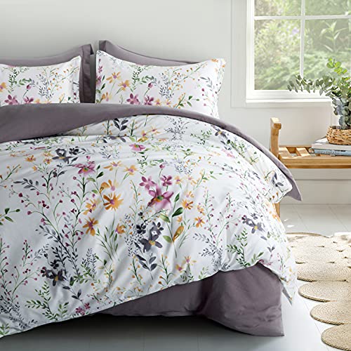 Eikei Windflower Bedding Bloomfield Floral Duvet Cover 3pc Set Cotton Botanical Nature Vines Branches Birds Butterflies Multicolored Flowers (Super King, White)