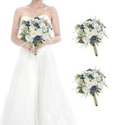 HOMENERGY Set of 2 Bridesmaid Bouquets for Wedding - 7 Inch Artificial Rose Flower Bouquet for Bridesmaids Pre-Made Floral Bouquets Party Ceremony Anniversary Decor - Dusty Blue