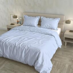 Satin Cloe Duvet Cover Set, 100% Cotton, Made in Italy – Bag 255 x 200 cm with Double Flap 50 cm, 2 Pillowcases 52 x 82 cm with 4 Ruffles, Plain Colour – Light Blue