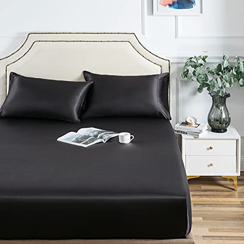 Satin Fitted Sheet, Twin Fitted Sheet Only, 1 - Piece Ultra Soft Deep Pocket Single Silk Bottom Bed Sheet Twin - Black