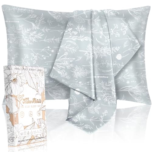 "Miss Adola 2 Pack Silk Pillow Case for Hair and Skin Standard Size 26""x20"" Floral Plants Sage Green Silk Pillowcase Soft Smooth Cooling Satin Pillow Case Set Sleeping Gifts for Women, Girl, Girly"
