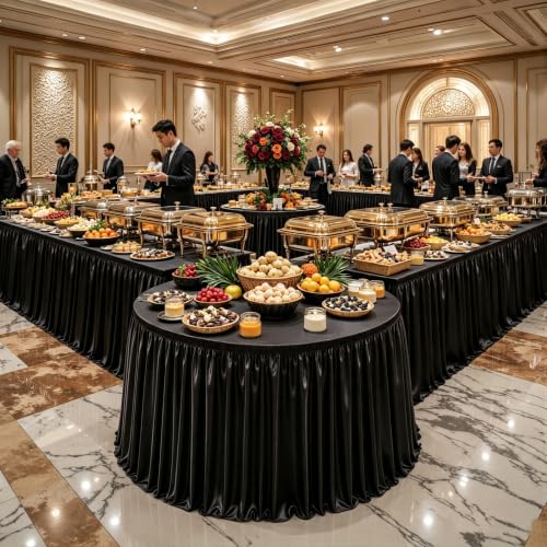 PARTISKY 17ft Length Black Satin Table Skirt for Rectangle Tables-Wrinkle Resistant Ruffle Table Skirting Glitter Desk Cover Skirt for Wedding Birthday Party Office School Dorm Desk Trade Show Decor