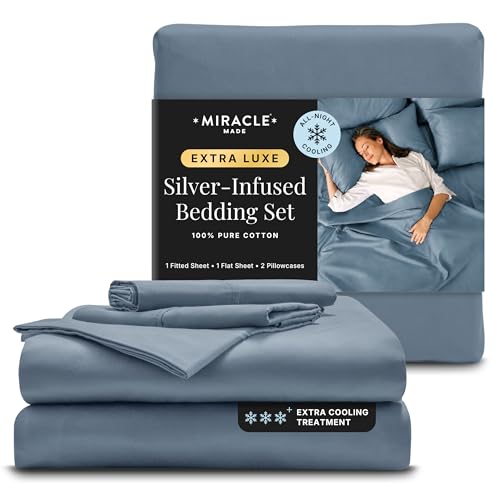 Miracle Made Extra Luxe Soft, Cool-to-the-Touch Cotton Bed Sheet Set, 4-Piece ??? Silver-Treated, Breathable, Lightweight Bedding ??? Queen Size, Slate Blue