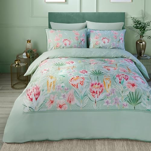 Soiree - Green Floral & Tiger Duvet Cover - Super King Bedding Size (260 x 220cm) - Premium Quality 500 Thread Count - Reversible Designs - Cotton Sateen Duvet Sets - 2x Pillowcases - Luxury Bedding