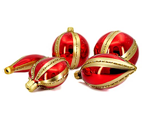 Set of 5 Handmade Blown Glass Ornamental Decorations for Christmas Tree, Red/Gold