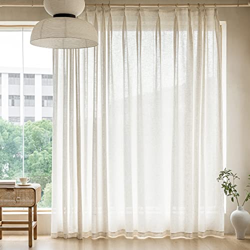 "MAIHER Extra Wide Faux Linen Curtains Pinch Pleated, 108 inches Long Light Filtering Semi Sheer Curtains Patio Door for Living Room, Pinch Pleat Drapes with Hooks (1 Panel, 84"" W x 108"" L)"