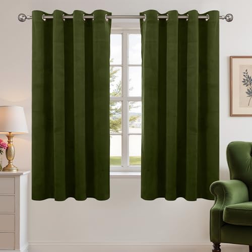 YoungsTex Olive Green Velvet Curtains 63 Inches Length for Living Room, Grommet Thermal Insulated Window Drapes Privacy for Bedroom, 2 Panels, 52 X 63 Inch