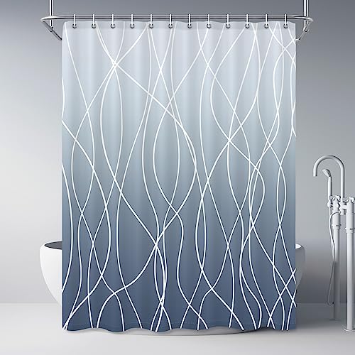 "Punkray Striped Shower Curtain with Hooks, Weighted Hem Shower Curtains Water Repellent Machine Washable, Ombre Blue, 72"" W x 84"" L"