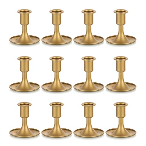 Romadedi Candlestick Holders Taper Candle Holders, Gold Candle Stick Candle Holder for Table Centerpiece, Wedding Reception, Festive Christmas Mantel Decoration or Home Decor, Set of 12