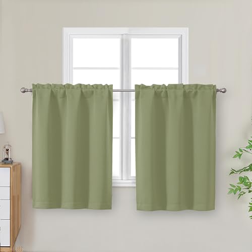 "OWENIE Sage Green Kitchen Curtains 30 Inch Length, Short Blackout Small Thermal Insulated Curtains Tier Over Sink Rod Pocket Half Window for Bathroom Bedroom Camper RV Bunk, 2 Panels, Each 30"" Wx30 L"