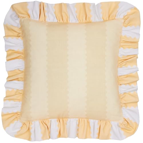 furn. Wylder Birdie Stripe Polyester Filled Cushion – Ruffle Edge Cotton Striped Decorative Pillow (Butter Yellow – 45x45cm)