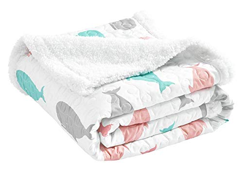 Lush Decor Whale Throw - Ocean Animal Print Fuzzy Reversible Sherpa Blanket - 60” x 50”, Pink and Aqua