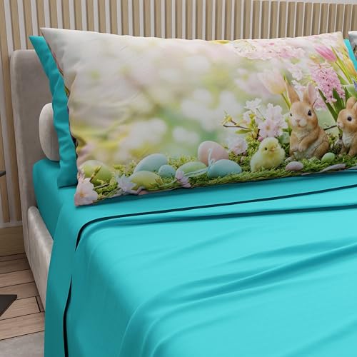 PETTI Artigiani Italiani - Easter Cotton Sheets with Pillowcases in Digital Print, French Quarter Size, Easter Bed Sheet Set Top and Bottom with Corners, 10 Tiffany, Made in Italy