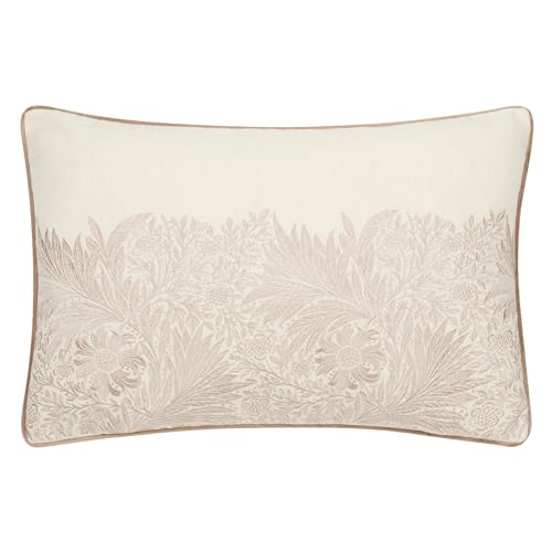 Morris&Co. Marigold Feather Rich Filled Cushion – Embroidered Floral Design Pillow with Velvet Piping (Stone - 40x60cm)