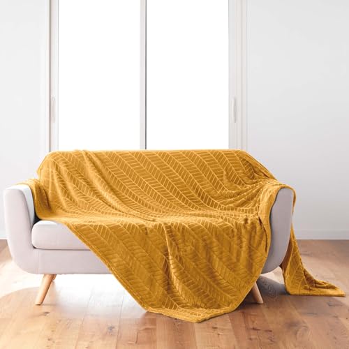 Douceur d'Intérieur, Soft Blanket (180 x 220 cm) Arya Ochre Embossed Flannel Plain