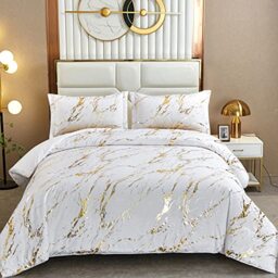 "White Gold Metallic Marble Christmas Comforter Set King Foil Print Glitter Bedding Sets with 2 Pillowcases for All Seasons, Soft Microfiber Filling Bedding Duvet Set 103""x90"""