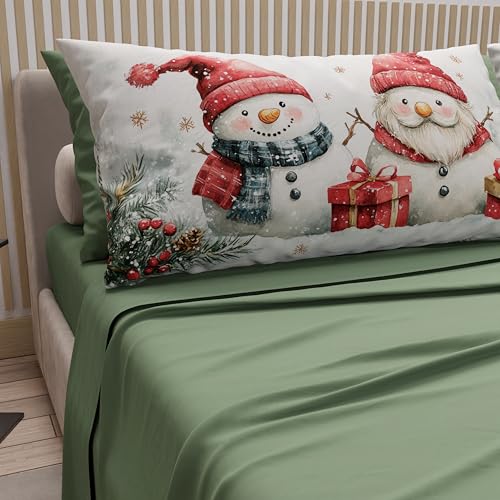 PETTI Italian Artisans - Cotton Sheets with Christmas Digital Print Pillowcases, Christmas Queen Size Sheets, Christmas Bed Set, Green Snowman 02, 100% Made in Italy