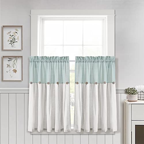 "Lush Decor Linen Button Farmhouse Kitchen Curtains, Tier Kitchen Curtain Set, Pair, 29"" W x 36"" L, Blue & White"