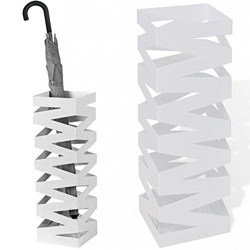 BAKAJI Umbrella Stand in Iron Design BAK4W Square Shape White with Inlay Decoration Drip Tray and Hooks for Folding Umbrellas Dimensions 49 x 15.5 cm