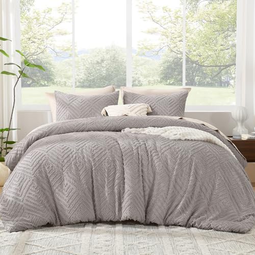 Litanika California King Comforter Set, 3 Pcs Tufted Boho Bedding Set - Milk Grey Farmhouse Shabby Chic Vintage Bohemian Textured Aesthetic Soft Fluffy Lightweight Breathable All Season Bed Set