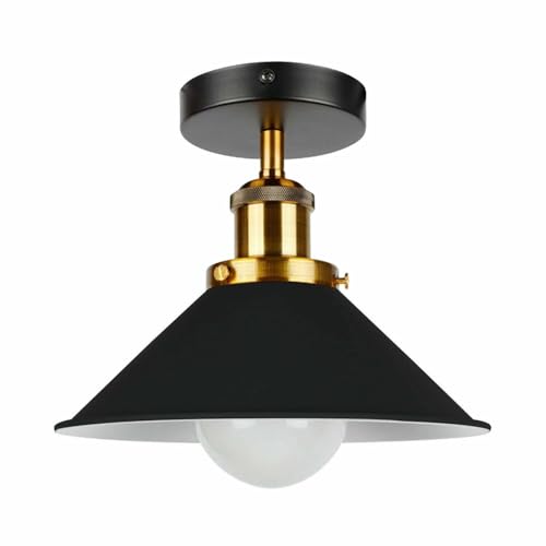 LEDSone Vintage Semi Flush Ceiling Light Retro Style Black Metal Cone Shade 22cm E27 Industrial Ceiling Lamp for Kitchen, Bedroom, Living Room with Bulb