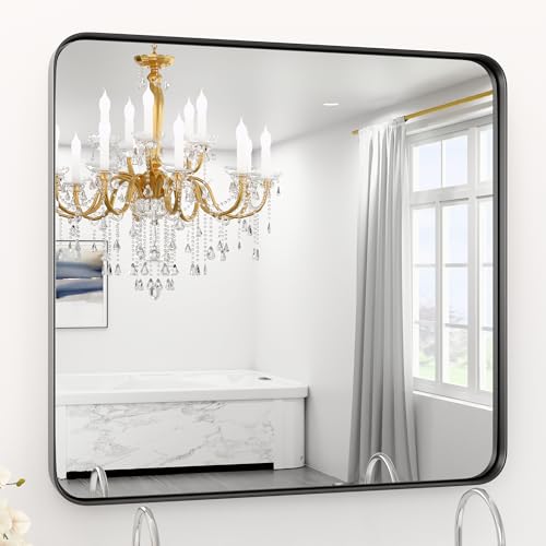 "YYXW 36"" L x 36"" W Black Bathroom Mirror for Wall Metal Framed Mirror, Rounded Rectangle Bathroom Mirrors, Tempered Glass, Anti-Rust, Hangs Horizontally or Vertically"