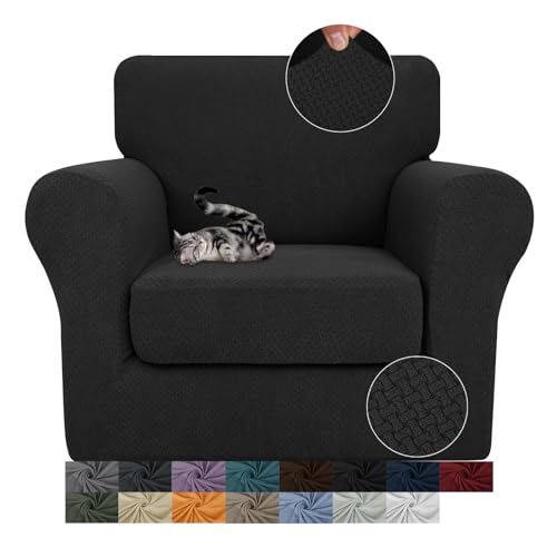 JIVINER 2 Pieces Armchair Covers for Living Room Stretch Chair Slipcovers with 1 Seat Cushion Covers Thick Fitted Couch Cover for Pet Dogs Furniture Protector (Chair, Black)