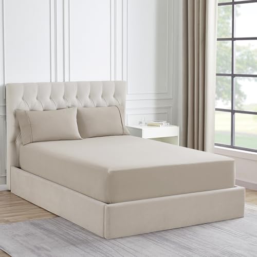 King Size Flannel Fitted Sheet Only with Full Elastic & Built in Corner Sheet Straps to Prevent Shifting - Soft & Cozy Flannel Bottom Sheet, King, Beige