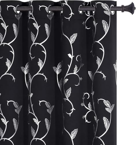 BUHUA Blackout Curtain 2 Panel Set Silver Vine Foil Print Thermal Insulated Drapes Room Darkening Curtains Grommet Window Treatment, 66 x 84 Inch, Black