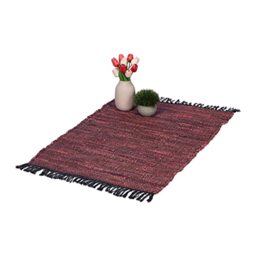 Relaxdays Boho Runner Rug, Cotton and Leather, Non-Slip, Hand-Woven, with Tassels, for Living Area, 60x100 cm, Burgundy, Real