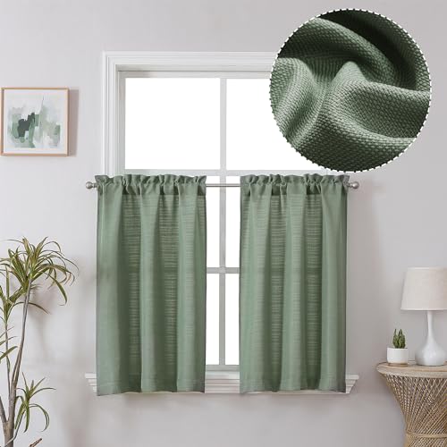 Chyhomenyc 2 Panels Short Kitchen Tiers Half Window Semi Sheer Curtains 24 Inch Length for Kitchen Bathroom Small Windows, Faux Linen Slub Textured Cafe Curtains, Sage Green, Each 30x24 Inch
