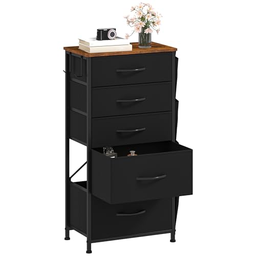 DWVO Narrow Chest of Drawers with 5 Drawers, Fabric Chest Drawers with Side Pocket&Hooks,Easy Pull Handle,Sturdy Steel Frame for Bedroom,Living Room,Black