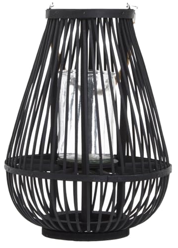 Premier Housewares Small Black Bamboo camping lantern with Glass Candle Holder and Natural Rope Handle moroccan lantern, Boho Chic, 28x38x28cm