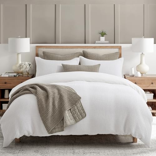 Levtex home - Mills Waffle Bright White Duvet Cover Set - Full/Queen Duvet Cover + Two Standard Pillow Cases - White Waffle Weave - Duvet Cover (90 x 94in.) and Pillow Case (26 x 20in.) - Cotton