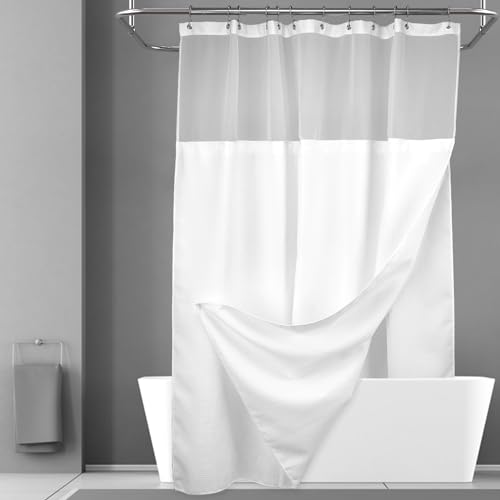 "N&Y HOME Extra Long Waffle Weave Shower Curtain with Snap-in Fabric Liner Set, 12 White Hooks Included - 71"" x 84"", Hotel Style & Mesh Top, Machine Washable & Water-Repellent - 71x84, White"