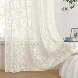Ivory Lace Curtains 84 Inches Long Victorian Floral Sheer Curtains for Living Room Bedroom Rod Pocket Light Filtering French Flower Curtain 2 Panels Lace Cream Paisley Drapes for Dining Room, 52x84