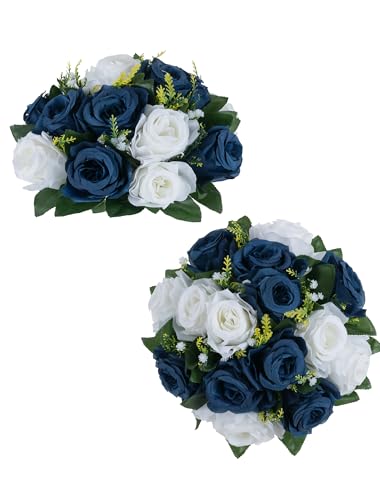 BLOSMON Flower Centerpieces for Tables Wedding 2 Pcs Navy Blue & White Fake Flowers Rose Arrangement Bouquet Floral Centerpiece Balls Artificial Wedding Center Pieces of Valentines Day Home Decor