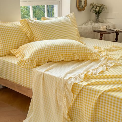 NSNLGSGC Yellow Gingham Ruffle Queen Sheet Set, Yellow Soft Pre-Washed Microfiber Plaid Queen Bed Sheets, 4-Pieces Farmhouse Sheet Set with Deep Pocket