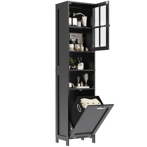 "Feonase 67.5"" Tall Bathroom Storage Cabinet with Laundry Basket, Slim Narrow Freestanding Cabinet with Adjustable Shelves for Small Space, Laundry Room, Kitchen, Living Room, Entryway, Black"
