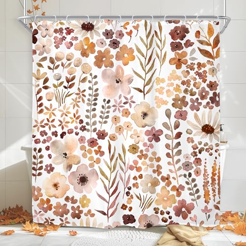 "Fall Autumn Cute Floral Flower Nature Rustic Bathroom Shower Curtain Set - 72""W x 72""H Watercolor Botanical waterproof HD print, quick-dry fabric with 12 hooks for easy hanging."