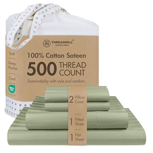 Threadmill 500TC Cotton Full Sheet Set, Damask Stripe, Sage Green, 4-Piece - 100% Cotton, Damask Stripe Pattern, 4-Piece Set, All-Around Elastic, Breathable, OEKO-TEX Certified, Machine Washable