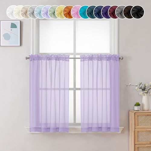 Chyhomenyc Sheer Lilac Tier Curtains 24 Inch Length, Small Window Treatment for Bathroom Living Room Basement, Short Rod Pocket Cafe Panels, 42W x 24L Inches, 2 Panels